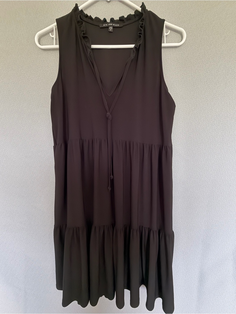 Nik & Nash Black Tiered Ruffle Neck Tie Front Mini Dress Sz S